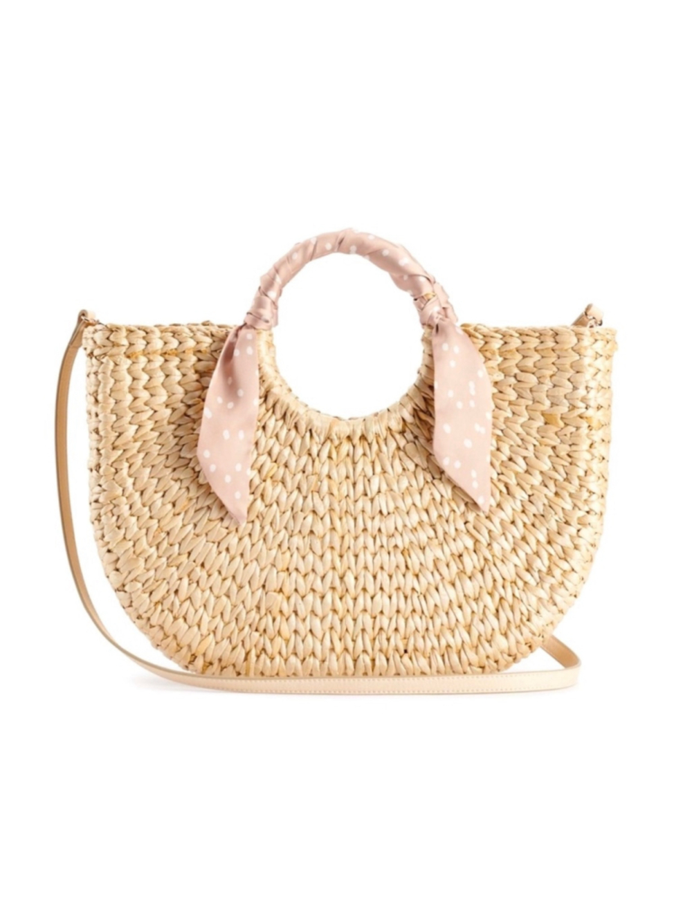 NWOT LC Lauren Conrad Half Moon Tote l
Straw Bag Pretty Scarf Detail
